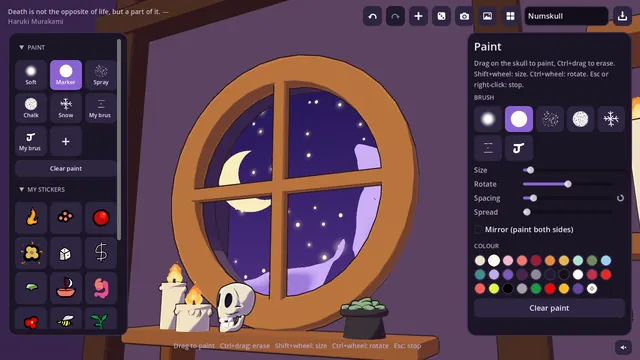 The moonlit workshop window with paint tools open