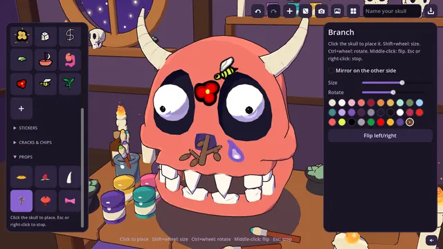 A red horned skull with googly eyes, a flower and a bee